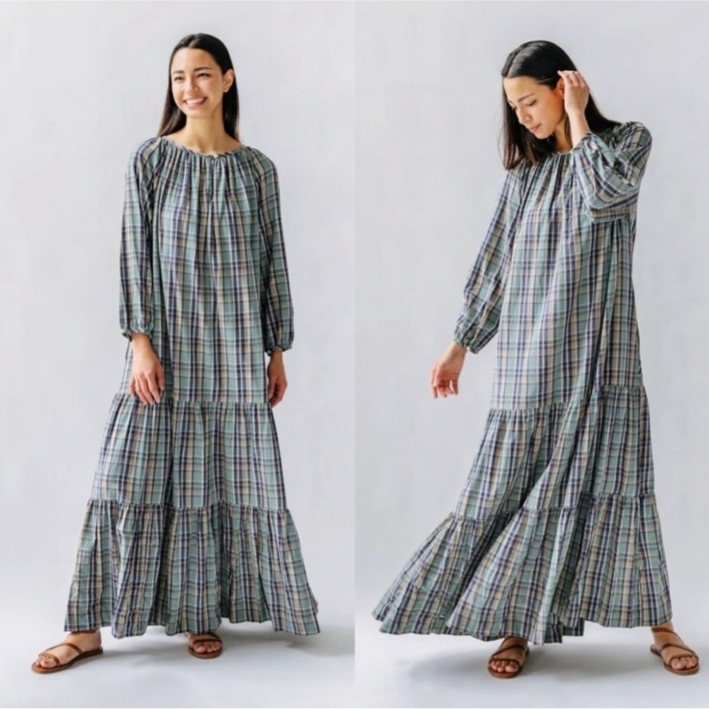 Mirth Ostuni Tiered Maxi Hand Loomed Cotton Dress Ocean Blue Plaid S Small NWT